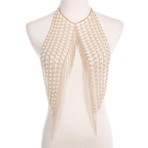 Gold Faux Pearl Chain Tassel Body Jewelry Rave Halter Crop Top - Picture 6 of 10